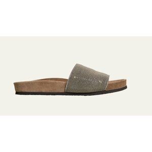 Brunello Cucinelli Taupe Suede Slide Sandals with Embellished Metallic Strap